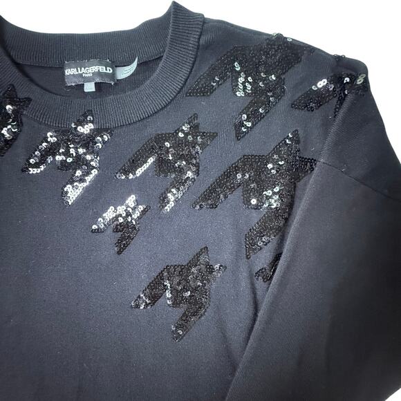Karl Lagerfeld Paris Black Sequin Bird Sweater XL Knit Embellished Pullover - Picture 3 of 13